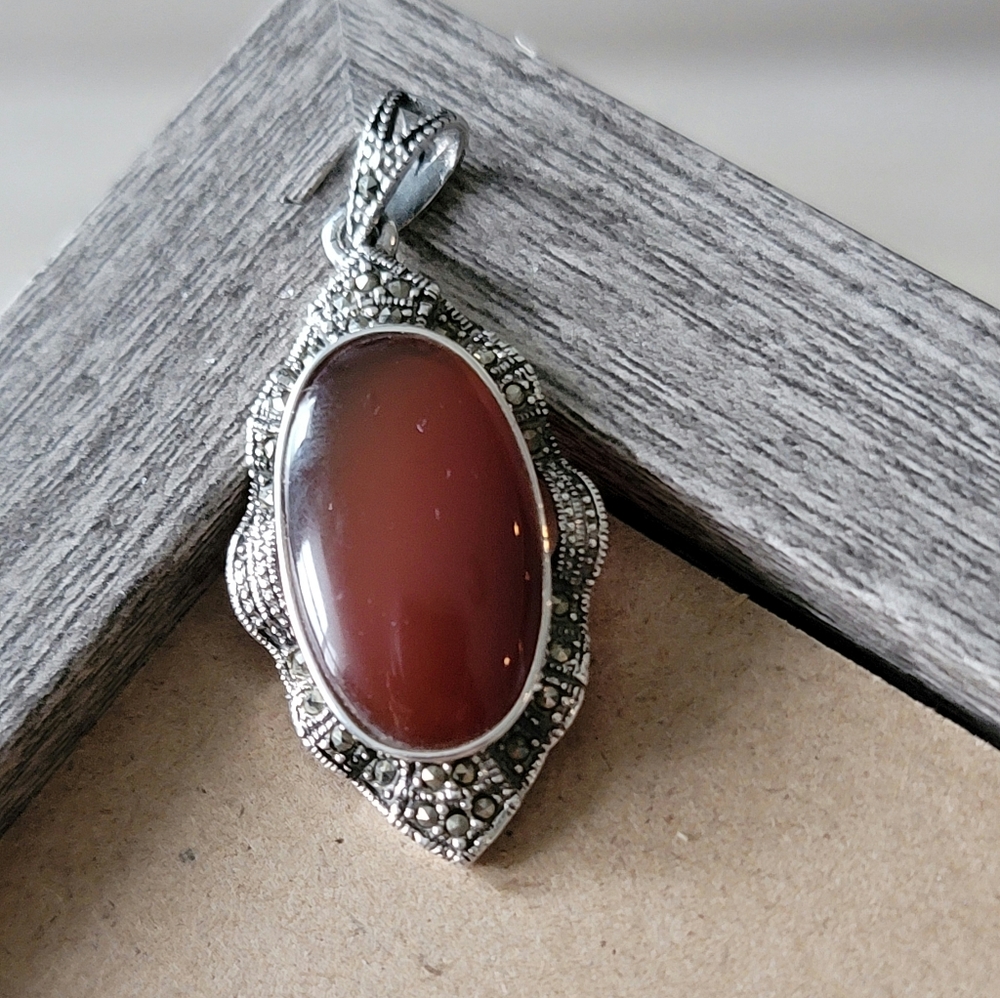 Vintage 925 Silver Marcasite and Carnelian Pendant